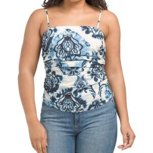 Zara Blue and White Ruched Paisley Floral Print Tank